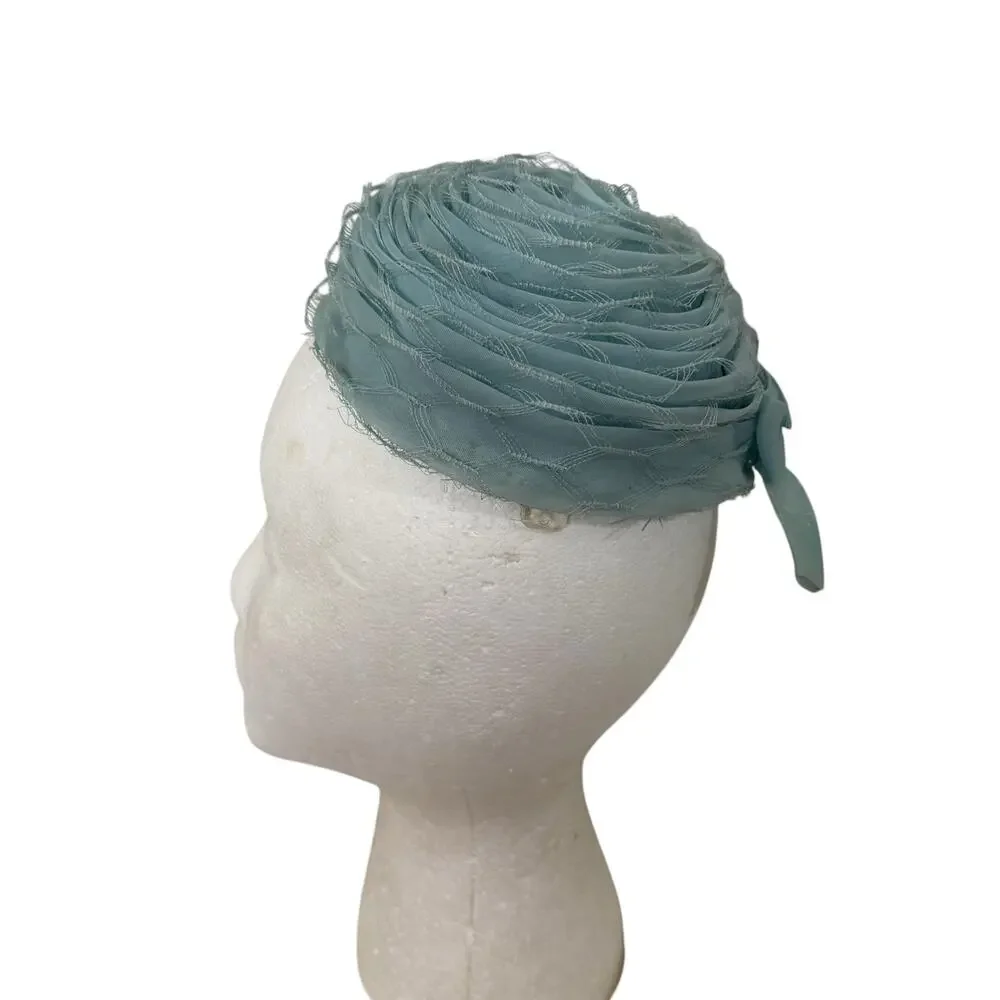 Vintage Robin’s Egg Blue Tulle Rose Pillbox Hat Cottagecore Fascinator - Picture 7 of 7